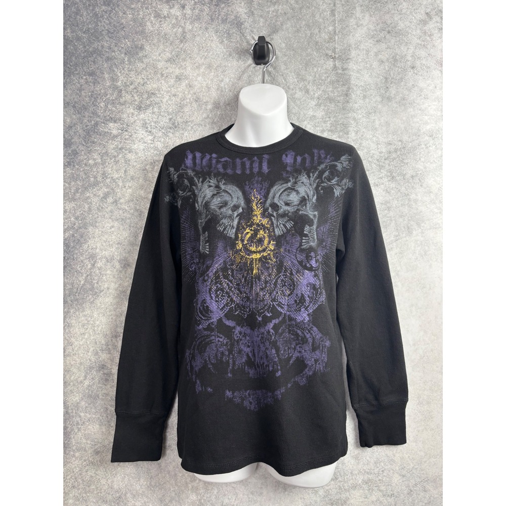 Y2K Miami Ink Goth Black Skull Long Sleeve Thermal Skater Waffle Knit Size Large